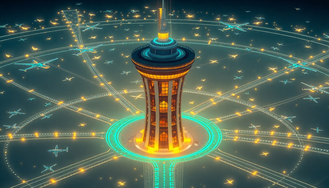 A highly detailed, glowing 3D illustration of a futuristic air traffic control tower surrounded by a network of illuminated flight paths and aircraft, conceptually representing the advanced infrastructure needed to support the integration of electric vertical take-off and landing vehicles into the national airspace.