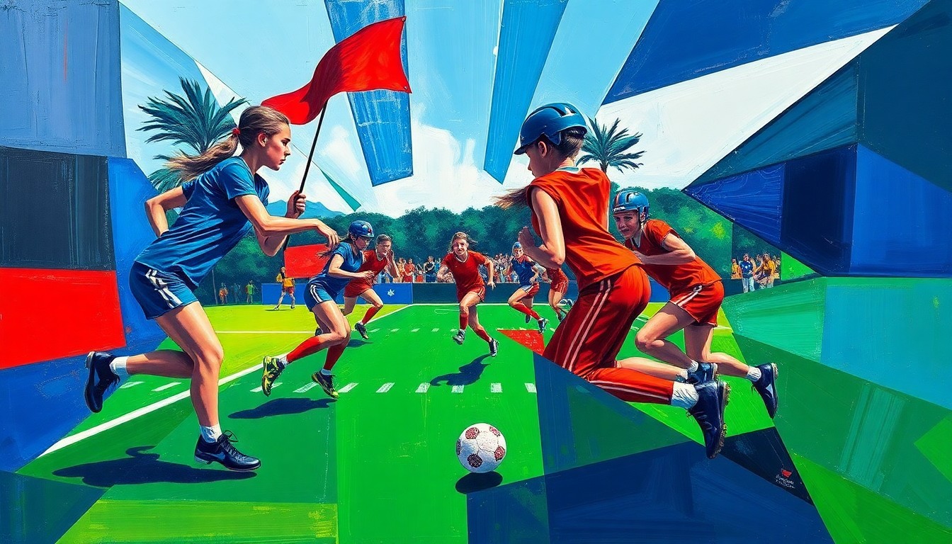 A dynamic, cubist-inspired painting depicting the action and energy of a girls flag football game, with players and the ball rendered in fragmented geometric shapes and vibrant colors.