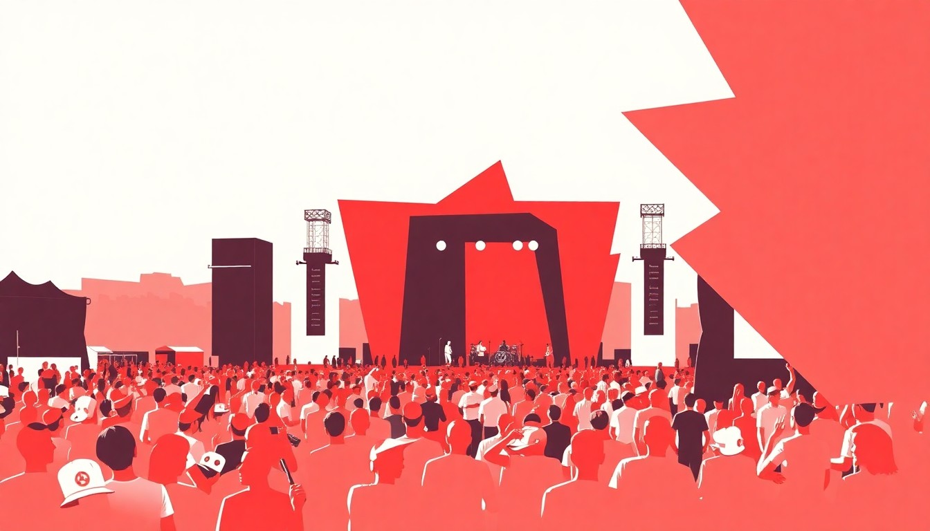 An abstract, minimalist illustration featuring bold, jagged shapes in red and white, conceptually representing the energy and excitement of an outdoor music festival.