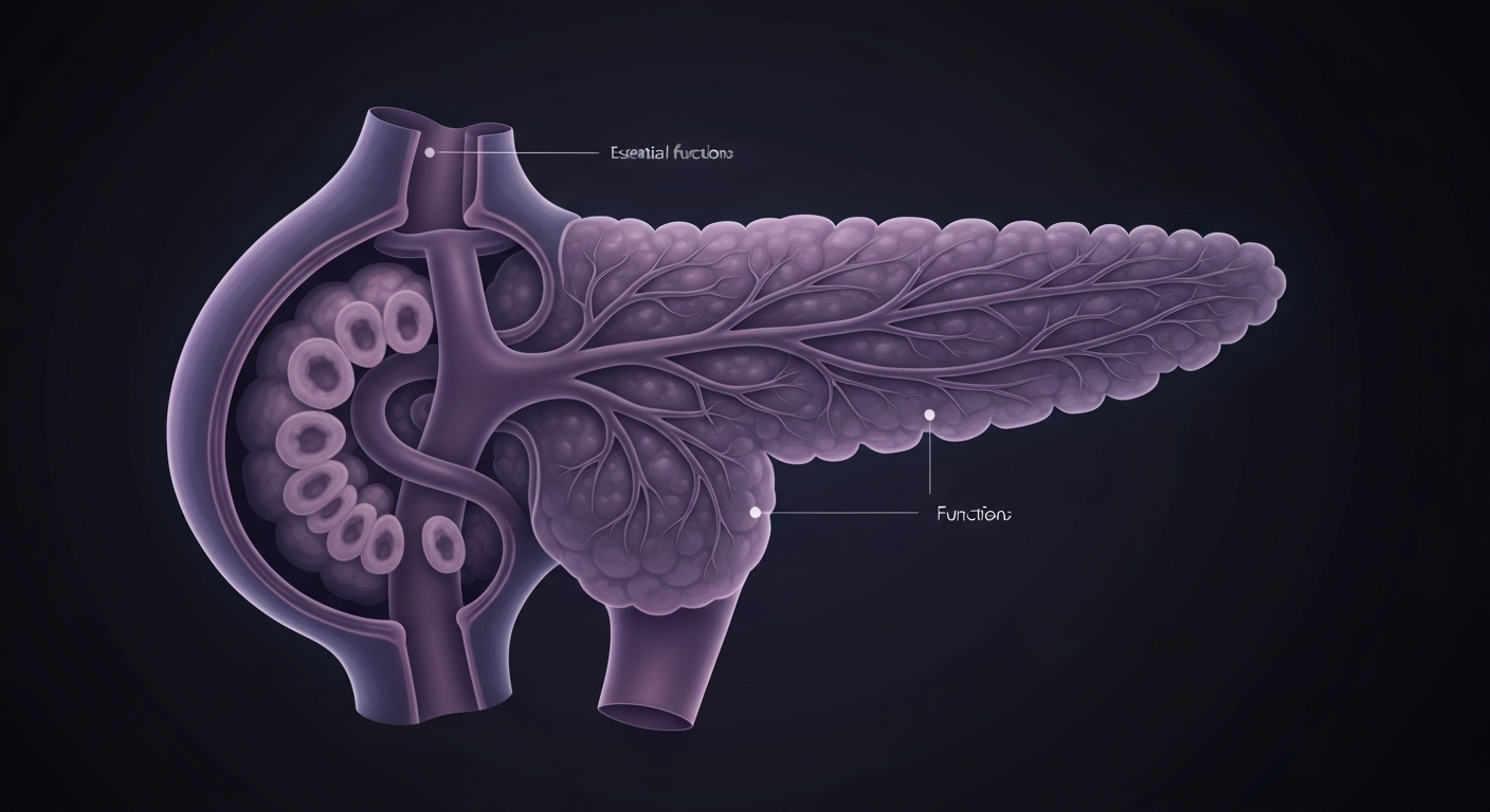 A translucent, ghostly X-ray image showing the internal structure of a human pancreas, glowing with an inner light to conceptually represent the biological mechanisms of diabetes.