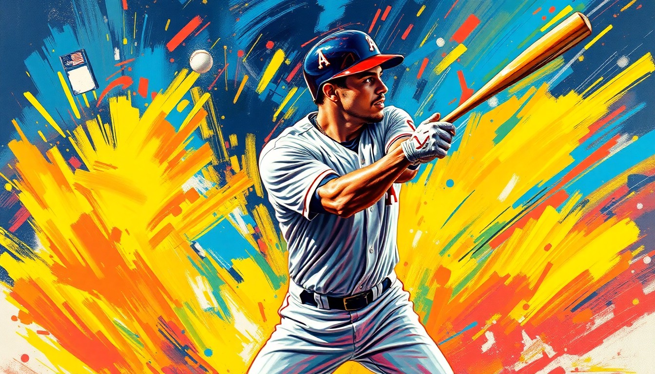 A vibrant, expressionist painting in neon colors depicting the powerful, dynamic motion of a baseball player's swing, capturing the raw energy and athleticism of the unique play.