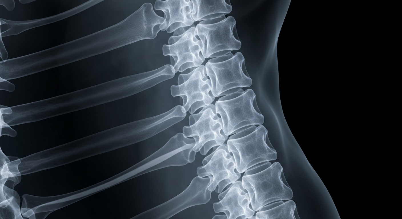 An extreme close-up X-ray image of a human spine, with the vertebrae and surrounding structures visible as ghostly, glowing lines against a dark background, conceptually representing the targeted approach to treating axial spondyloarthritis.