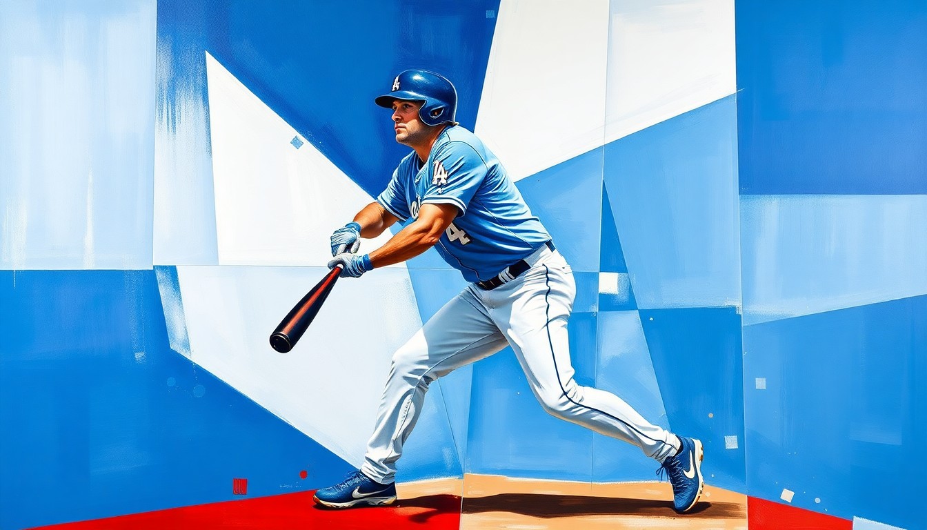 A fractured, geometric painting depicting the dynamic motion of a baseball catcher's swing, with sharp planes of blue, white, and red overlapping to create an abstract, cubist composition.