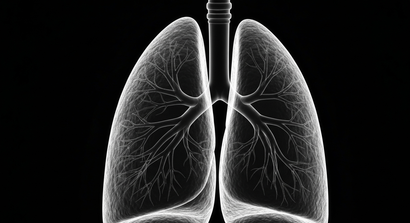 An ethereal, ghostly X-ray image of the delicate internal structure of a human lung, rendered in shades of gray and white against a dark background, conceptually representing the innovative technology behind the CyPath Lung cancer detection test.