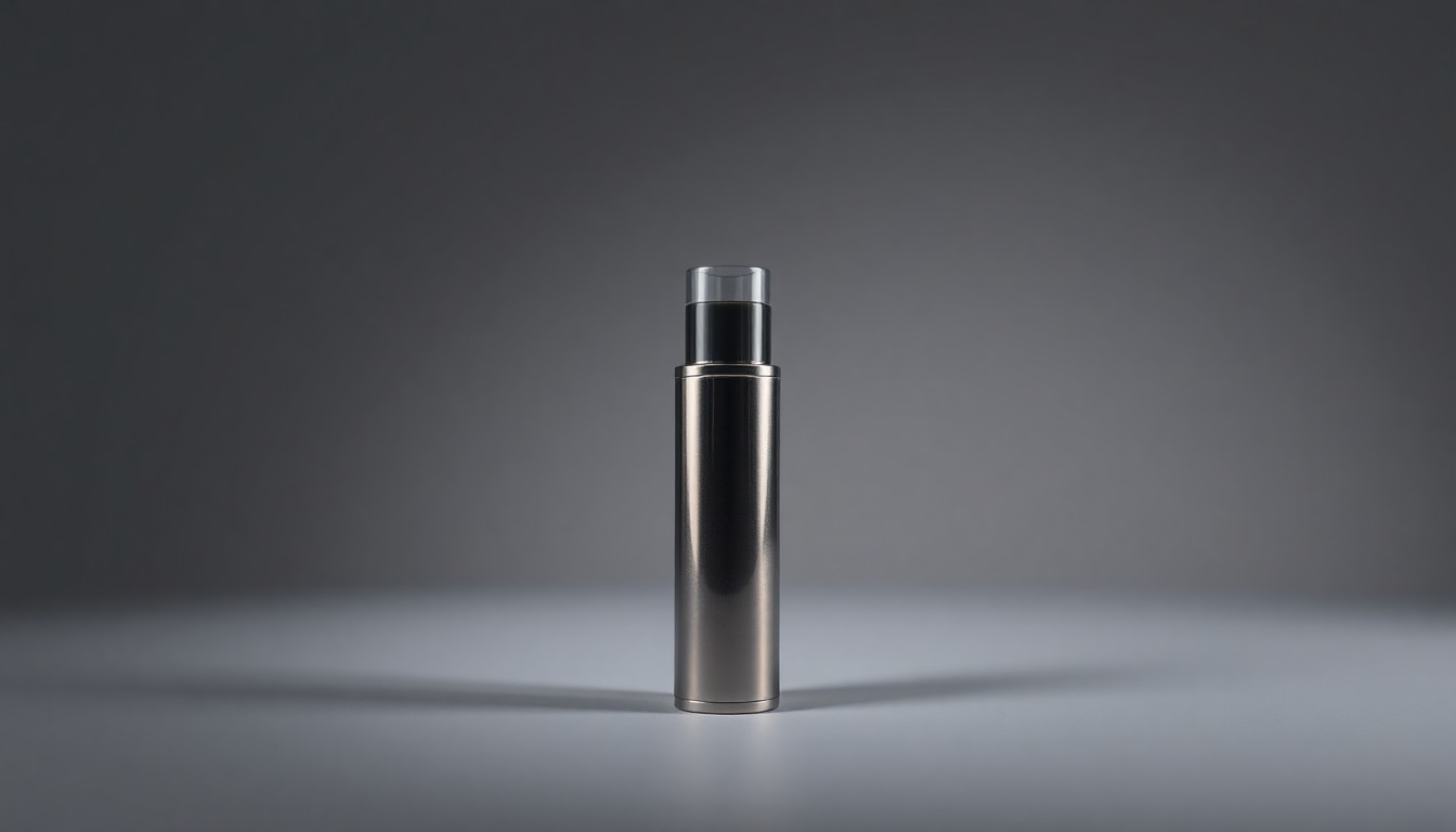 A highly detailed, photorealistic studio photograph of a sleek, silver medical inhaler device set against a plain grey background, using dramatic lighting and shadows to convey the serious nature of rare disease treatments.