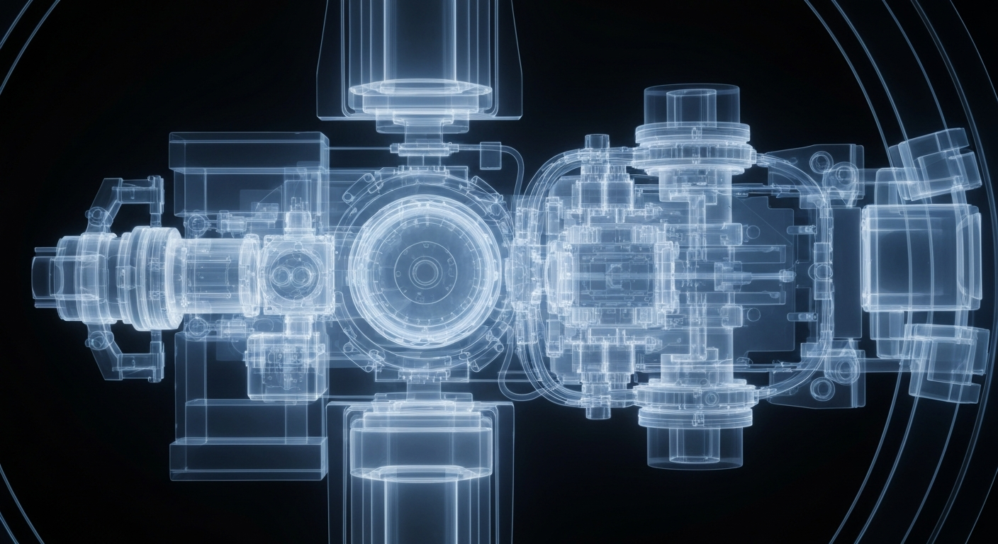 A detailed, translucent X-ray image revealing the intricate inner workings of the ZAP-X radiosurgery system, conceptually illustrating the advanced medical technology that has transformed a small-town hospital's ability to provide specialized cancer care.