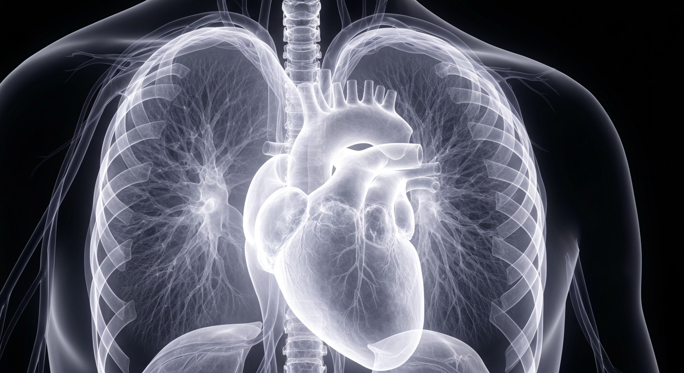 A detailed, translucent X-ray image of the human heart, lungs, and circulatory system, rendered in a ghostly, glowing style that highlights the intricate inner workings of the body.