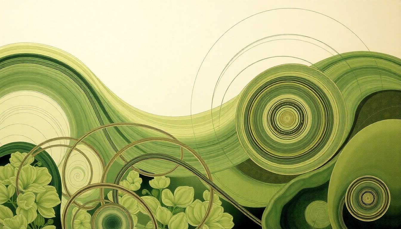 A highly textured, abstract painting in earthy green and brown tones, featuring sweeping geometric shapes, concentric circles, and precise botanical spirals, conceptually representing the complex molecular processes involved in Moolec Science's breakthrough in expressing bovine myoglobin protein within pea seed cells.