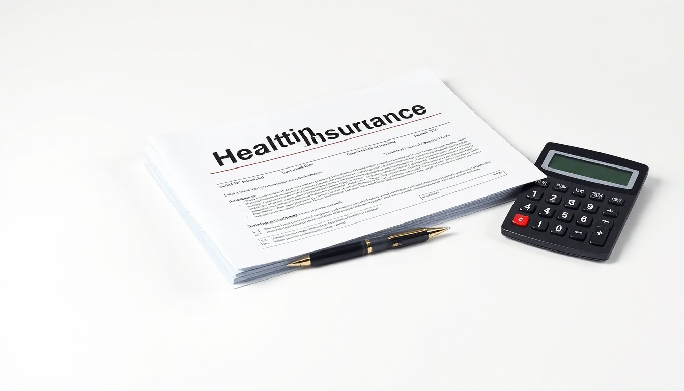 A minimalist, photorealistic studio still life featuring a stack of health insurance documents, a pen, and a calculator arranged on a clean, monochromatic background, conceptually representing the financial performance and strategic positioning of the health insurance startup Oscar Health.