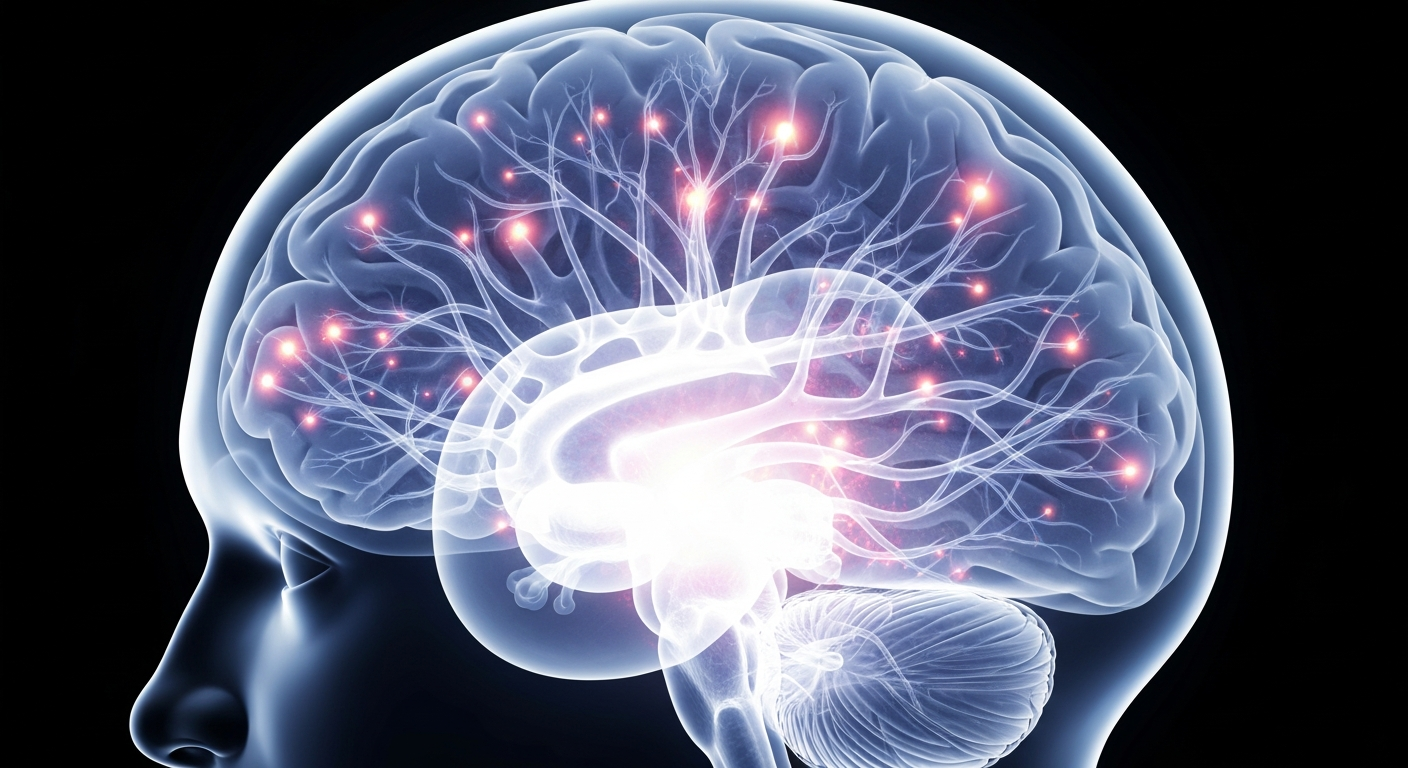 A highly detailed, translucent X-ray-style image of the human brain, with glowing neural pathways and structures that suggest the complex inner workings of the nervous system, conveying a sense of clinical insight and the potential of AI-powered medical diagnostics.