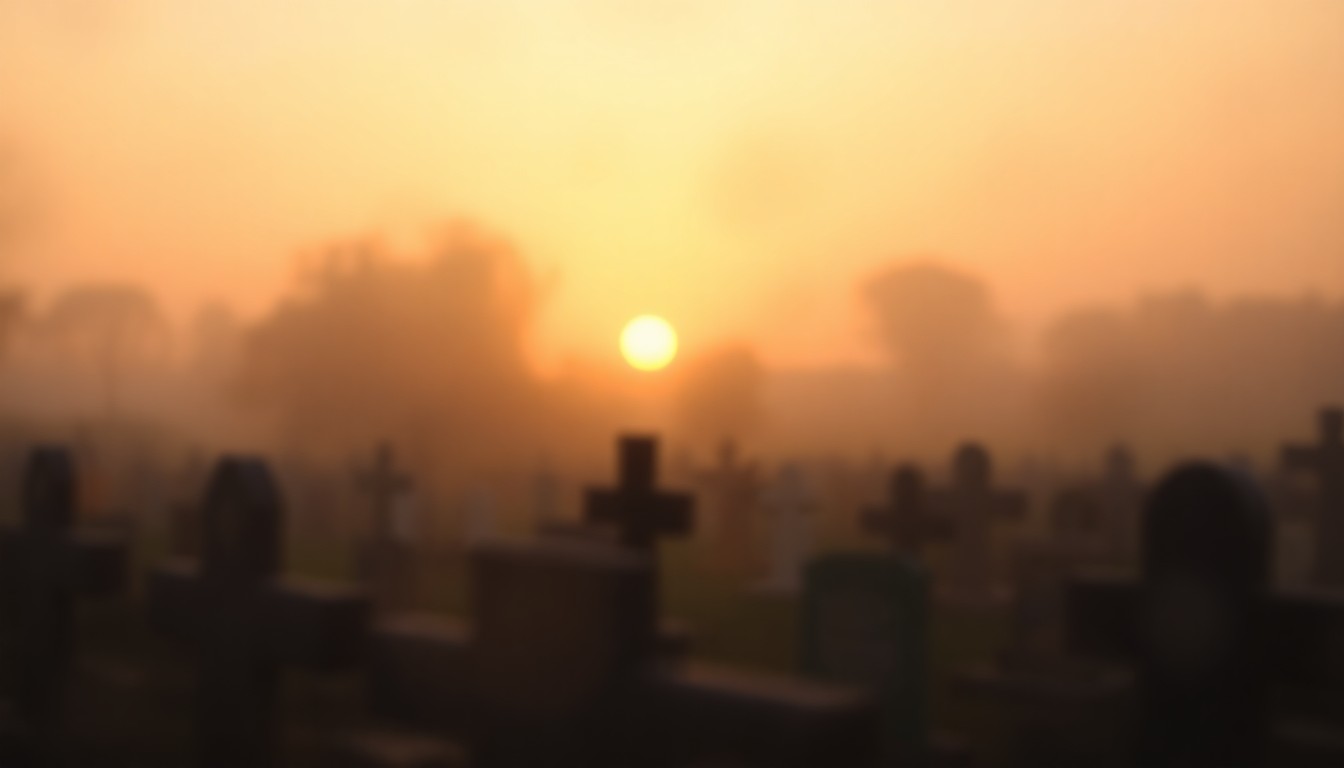 An abstract, impressionistic scene of a cemetery at sunrise, with soft, blurred pools of warm light and color, conveying a sense of contemplation and reverence.