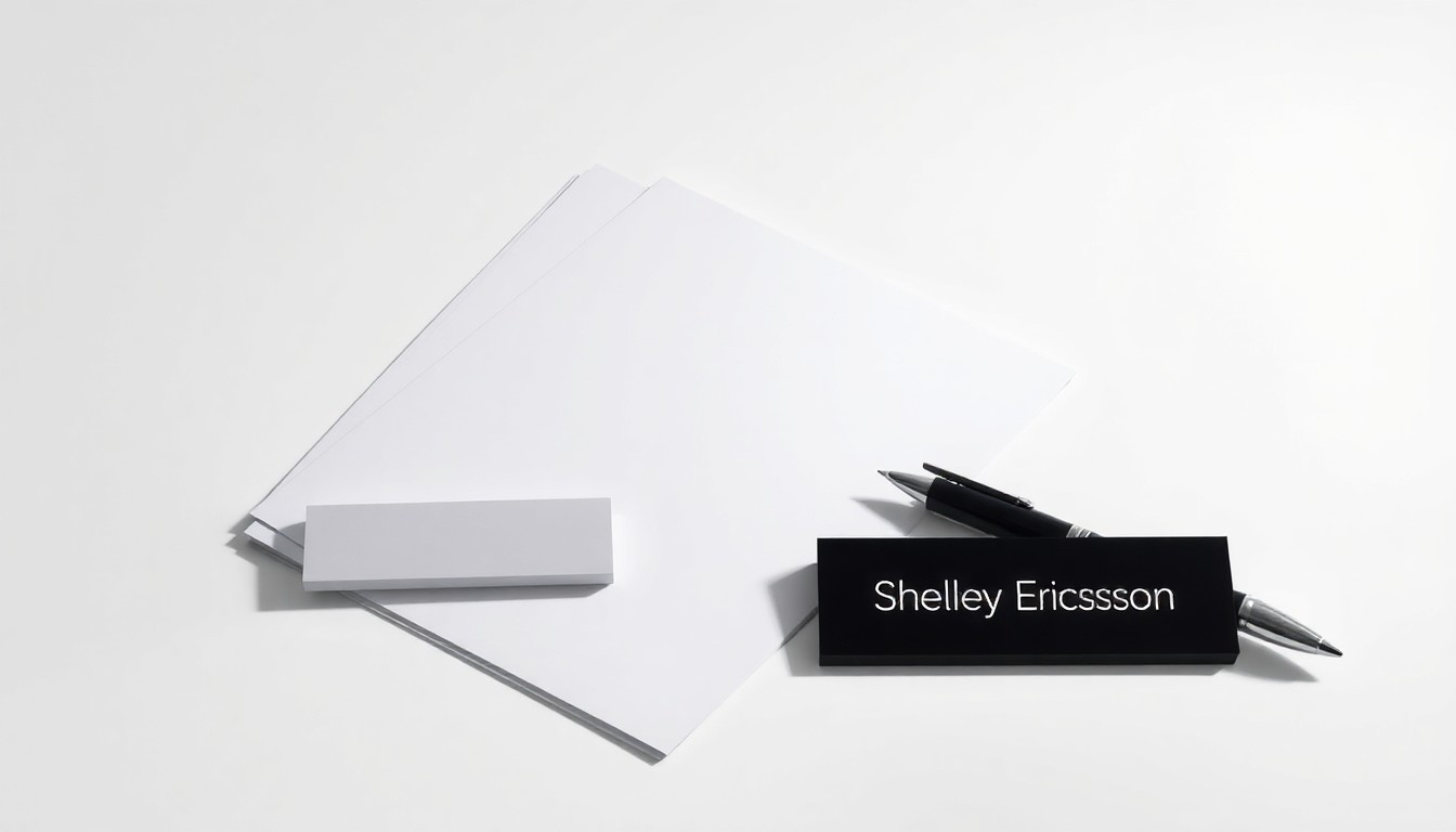 A minimalist studio still life photograph featuring a stack of legal documents, a pen, and a nameplate with the name 'Shelley Ericsson' arranged elegantly on a solid white background, conveying the legal expertise and precision Ericsson brings to her new role.