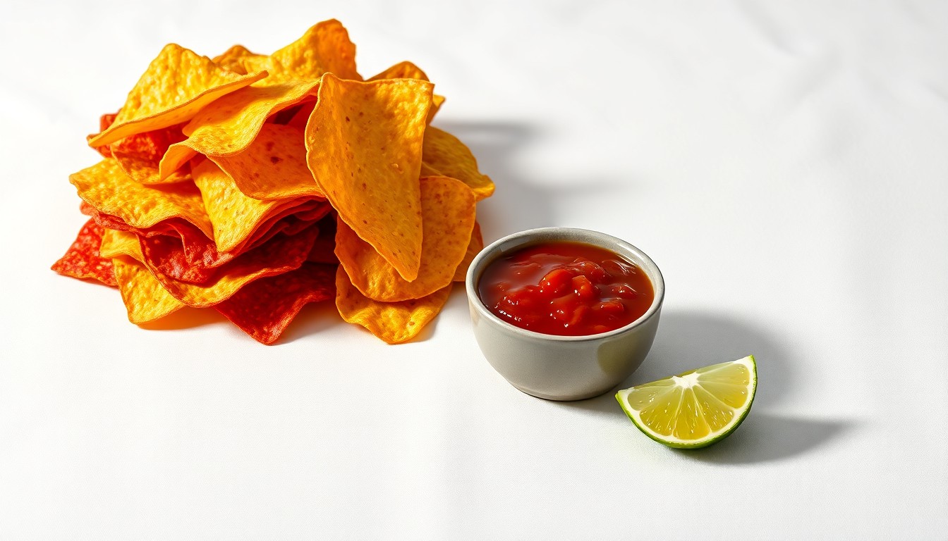 A high-end, photorealistic studio still-life photograph featuring a stack of colorful tortilla chips, a small bowl of fresh salsa, and a single lime wedge arranged elegantly on a clean, white seamless background, conceptually representing Chipotle's commitment to quality ingredients.