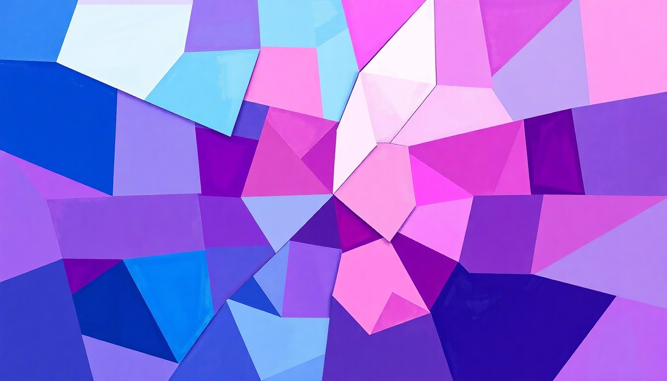 A vibrant, abstract painting featuring overlapping geometric shapes and waves of color in shades of blue, purple, and pink, conceptually representing the divisive political debate over LGBTQ+ issues in schools.