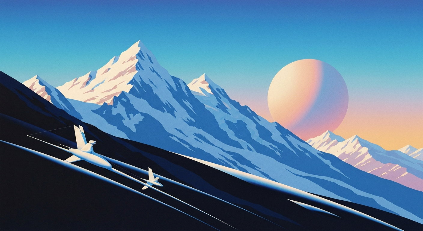A bold, geometric illustration depicting a towering, snow-capped mountain range in the distance, with smooth, airbrushed gradients of blues and whites, conveying the grand scale and romance of winter travel in the Sierra Nevada mountains.