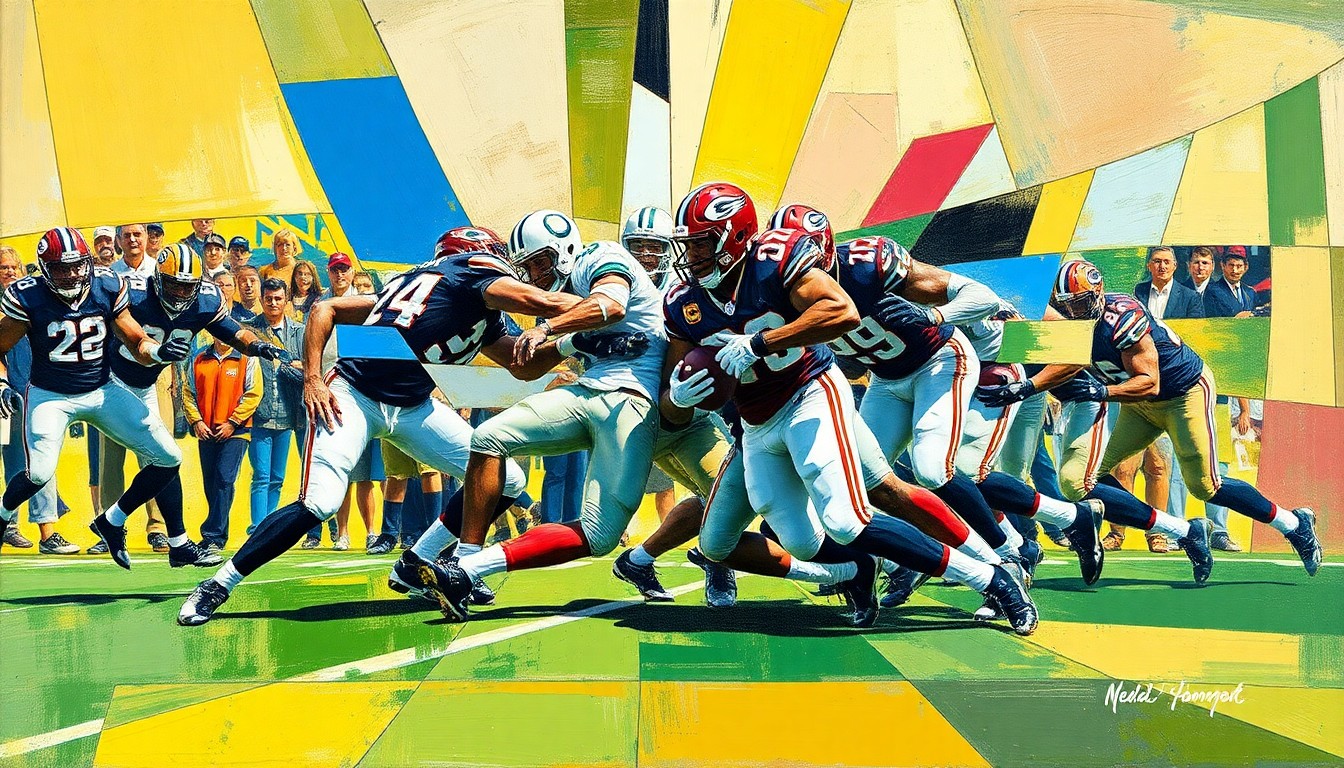 A cubist-style painting depicting a defensive football play with Dexter Lawrence, broken down into sharp, overlapping geometric shapes and planes, conveying the conceptual tension and shifting power dynamics in the Giants' front office.