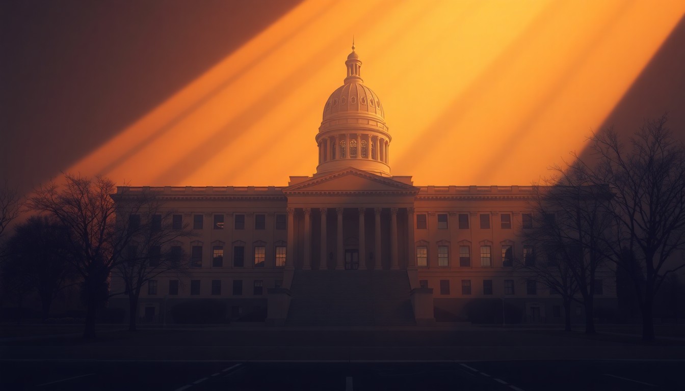 A serene, cinematic painting of the Iowa State Capitol building in Des Moines, the warm sunlight casting deep shadows across the grand neoclassical architecture, evoking a sense of quiet contemplation around the state's political debates.
