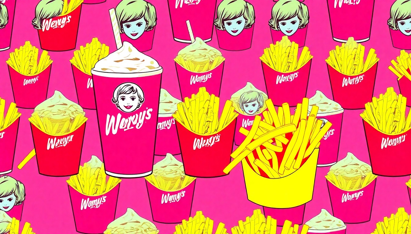 A vibrant, abstract grid of Wendy's Frosty and french fry icons in neon pink, yellow, and blue, conceptually representing the excitement and indulgence of the NCAA championship game promotion.