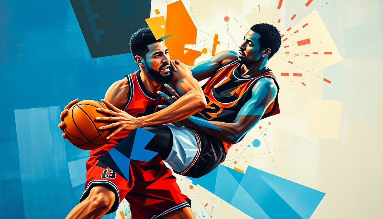 A fractured, multi-perspective painting depicting the collision between two basketball players, with their forms broken down into sharp, overlapping geometric planes in a vibrant color palette, conveying the intensity of the moment.