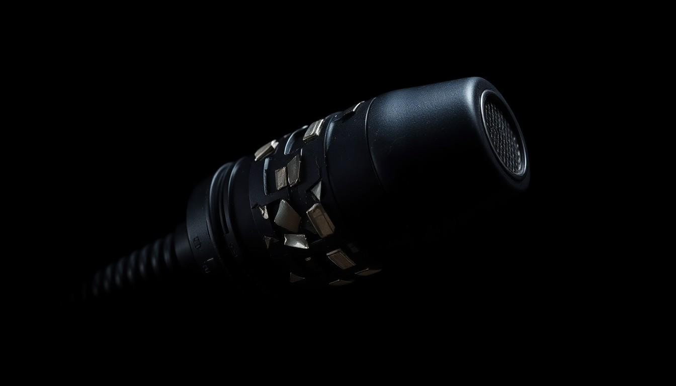 An extreme close-up of a cracked and damaged police radio microphone, its surface texture and material details sharply illuminated by a harsh, direct camera flash against a pitch-black background, conveying a sense of the serious consequences of the officers' actions.