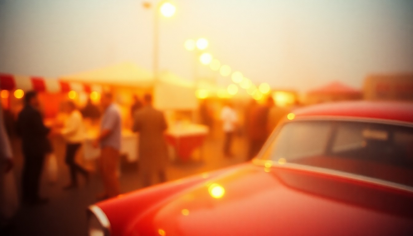 An abstract, impressionistic photograph of a vintage car at a flea market, with blurred figures in the background, conveying a sense of nostalgia and community.