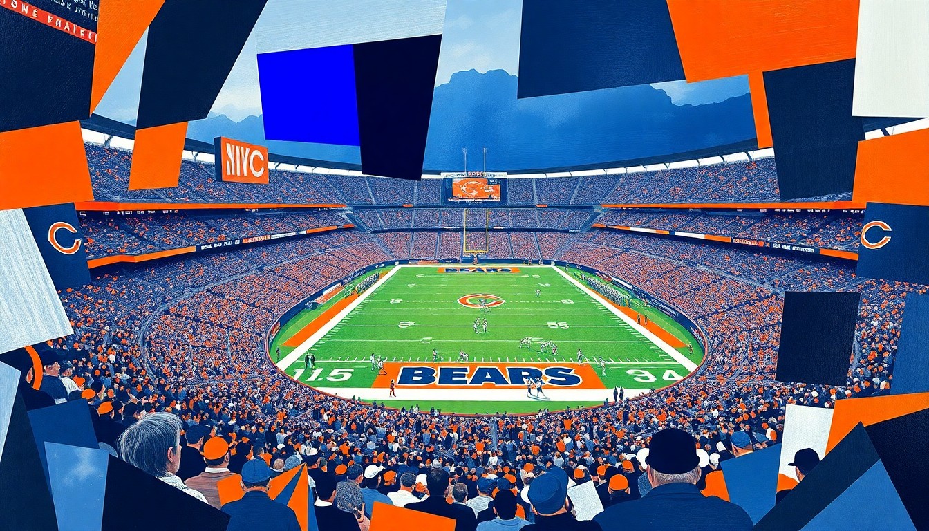 A cubist, geometric painting depicting the fragmented elements of a football stadium and game, with sharp planes of navy blue, orange, and white representing the Chicago Bears' colors and brand.