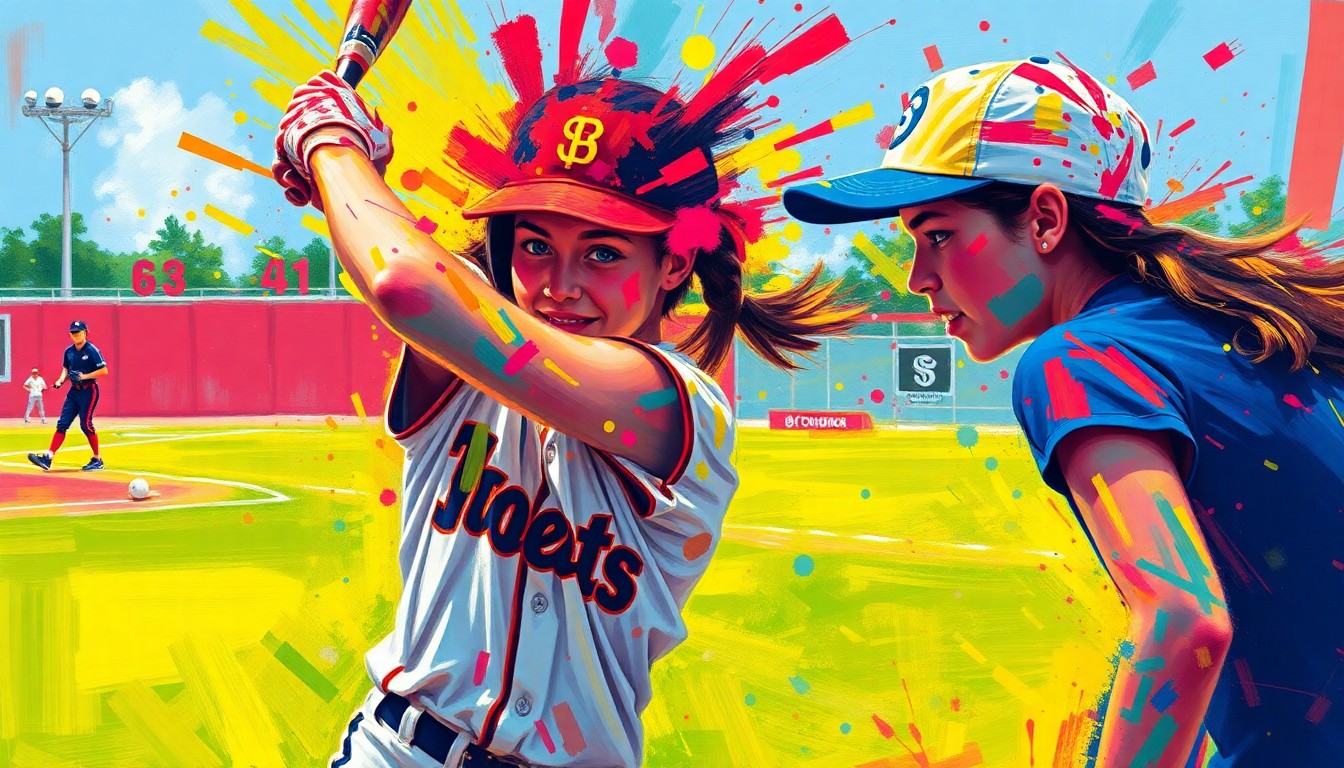 An abstract, expressionist painting in vibrant neon colors, with rapid brushstrokes and blurred figures representing the dynamic action and energy of a high school softball game.