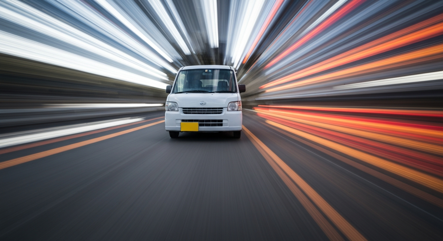 An abstract, colorful image created with a slow shutter speed and panning motion, blurring a Daihatsu Hijet kei truck into sweeping streaks of vibrant hues, conveying a sense of speed and movement.