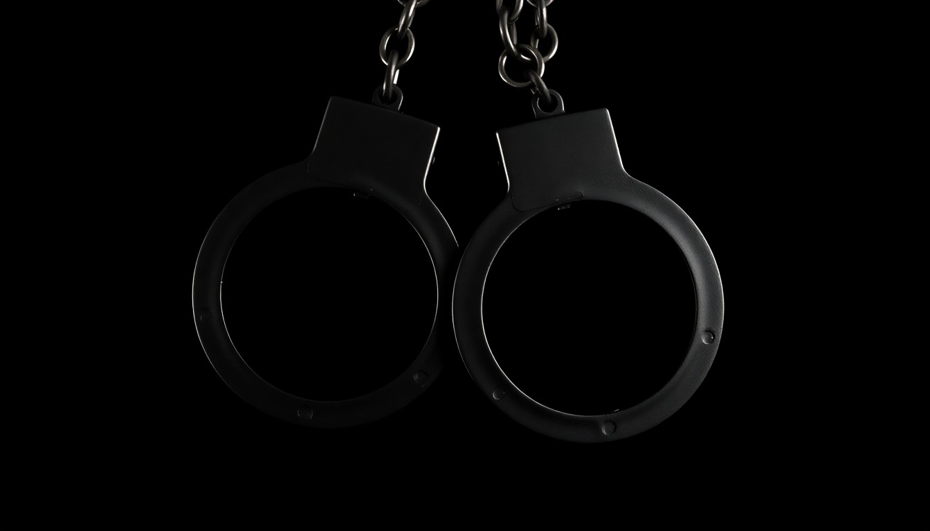 An extreme close-up photograph of a pair of handcuffs against a pitch-black background, lit by a harsh, direct camera flash, conceptually representing the legal consequences of witness intimidation in domestic violence cases.