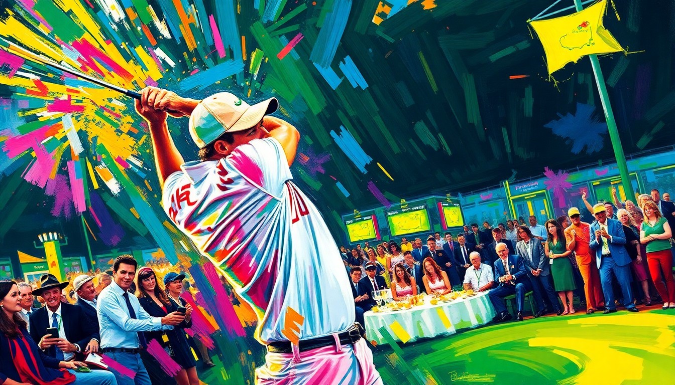 An abstract, energetic painting featuring bold, neon-colored brushstrokes that capture the dynamic motion of a golfer's swing, conceptually representing Rory McIlroy's triumph at the 2026 Masters Tournament.