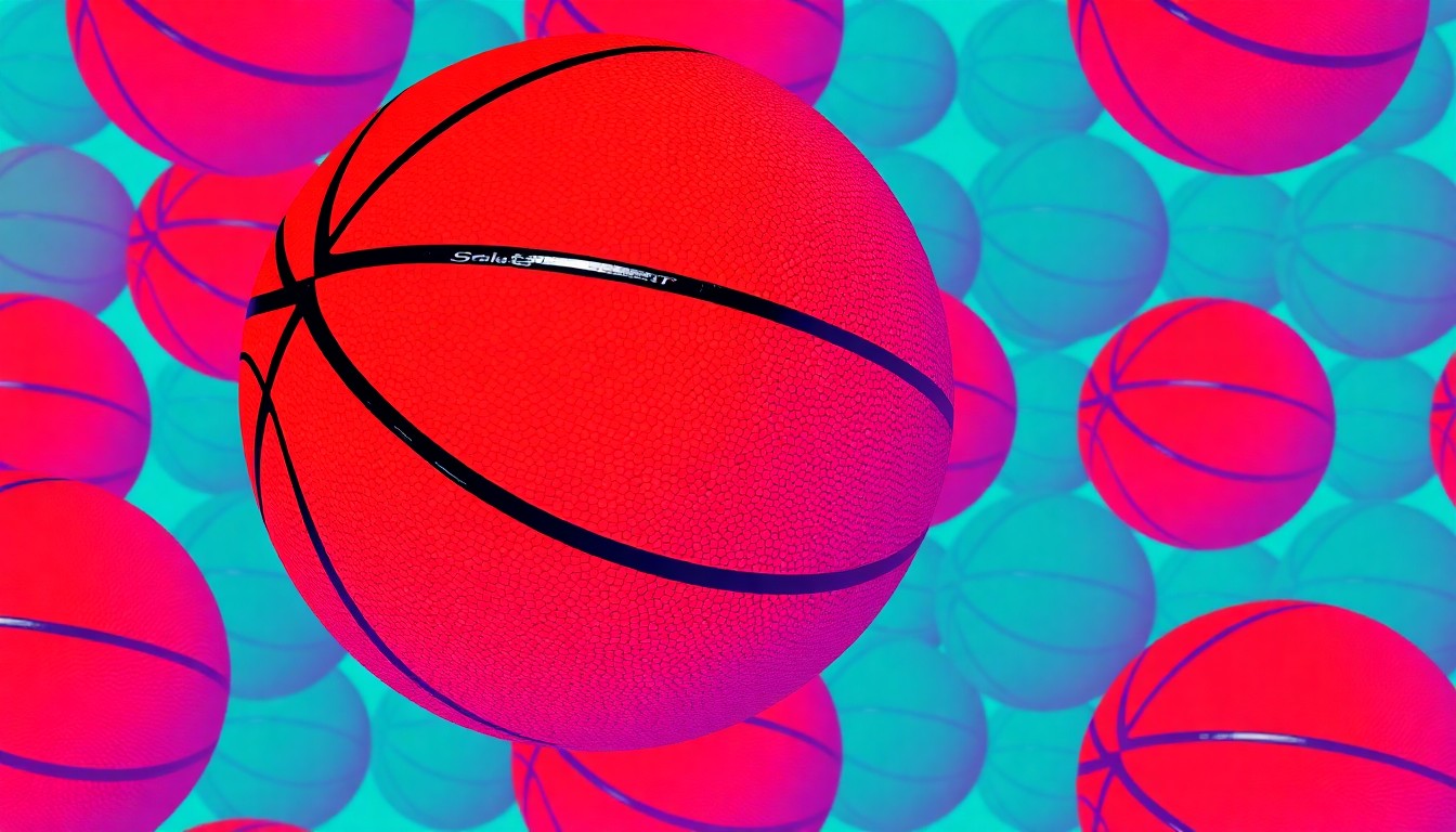 A bold, graphic silkscreen print featuring a vintage basketball repeated in a grid pattern, rendered in a high-contrast palette of neon colors and heavy black outlines, capturing the celebratory spirit of Galesburg's athletic history.