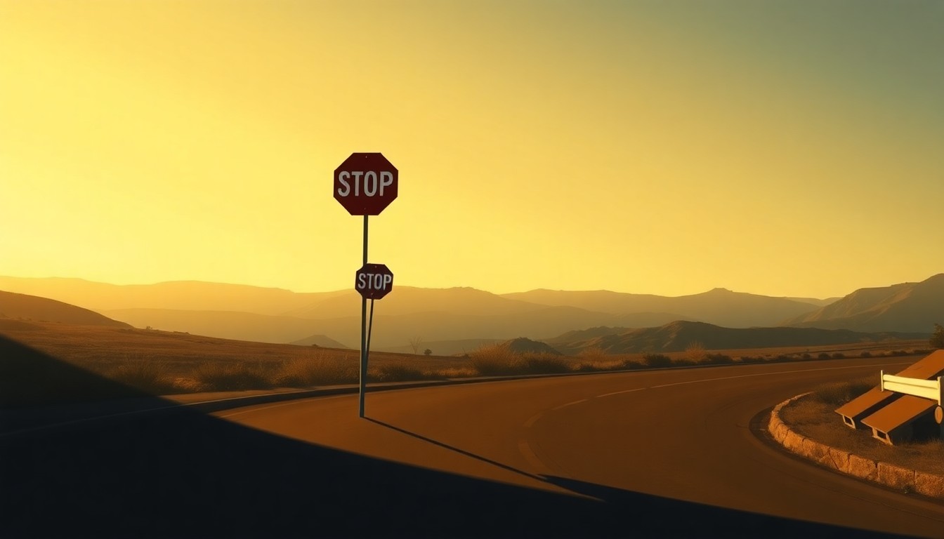 A serene, cinematic painting of a solitary stop sign on a curving road, with warm sunlight and deep shadows creating a contemplative, almost melancholy mood, conceptually representing the challenges of traffic safety in a local community.