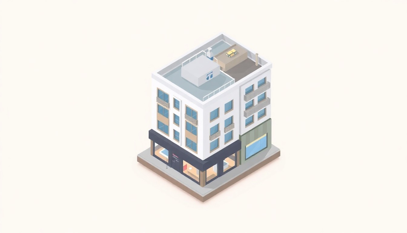 A clean, modern isometric 3D digital illustration depicting a stylized mixed-use building with retail space on the ground floor and residential units above, floating on a pastel background and using bold colors and smooth textures to represent the redevelopment project.