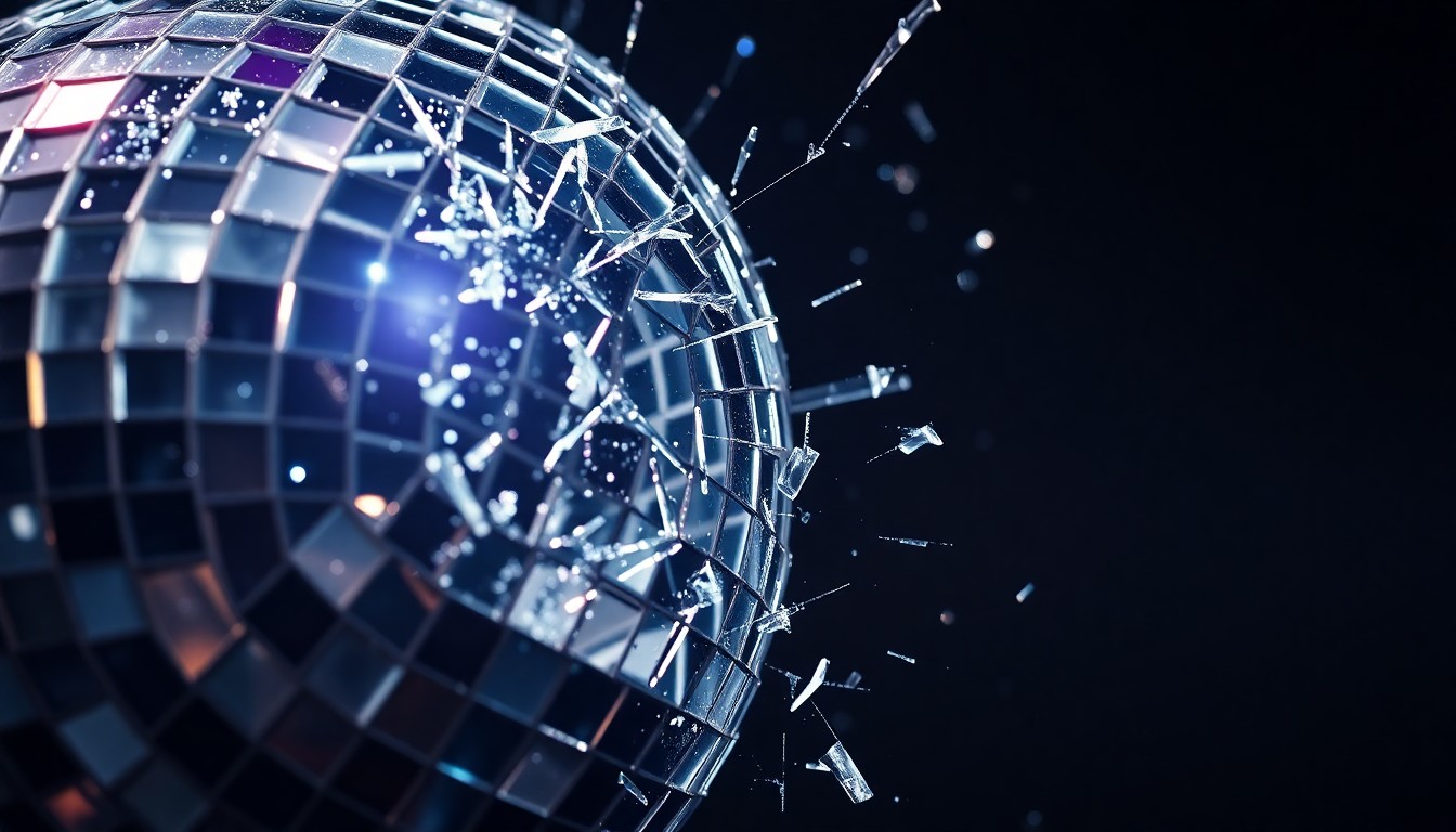 An abstract close-up photograph featuring the dramatic textures and reflections of shattered disco ball glass, conceptually representing the blend of Bush's heavy alt-rock sound and Gavin Rossdale's surprisingly comedic sensibilities.
