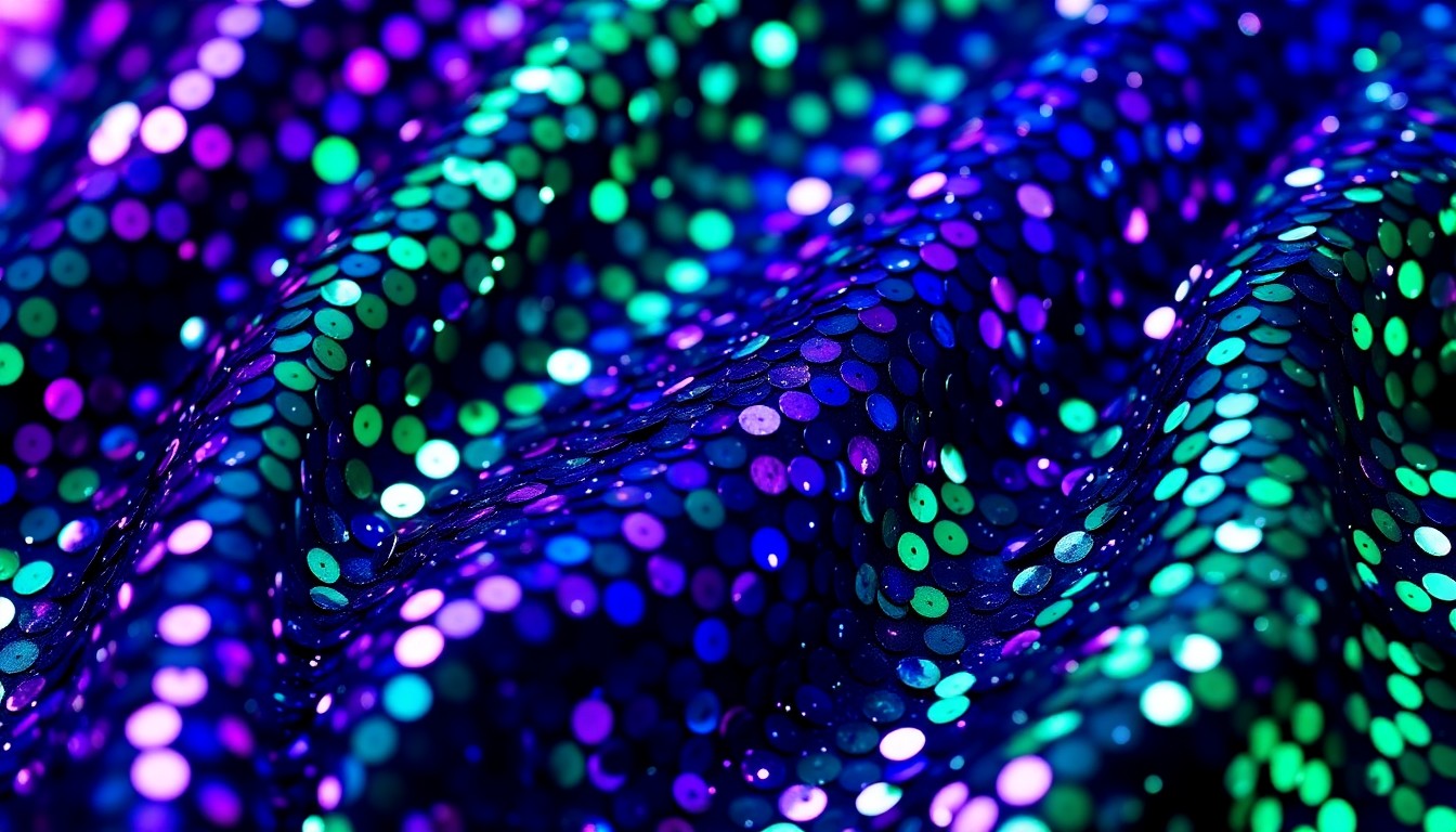An extreme close-up photograph of shimmering, glittering sequins in a range of jewel-toned colors, capturing the luxurious texture and material with dramatic studio lighting to create a high-fashion aesthetic.