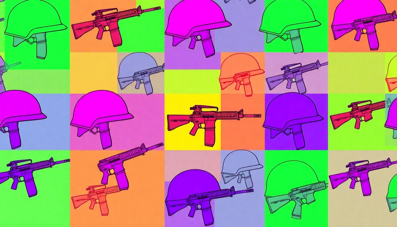 A high-contrast, brightly colored silkscreen print of a military helmet repeated in a grid pattern, conceptually representing the diverse educational offerings of the Marine Corps' distance learning programs.