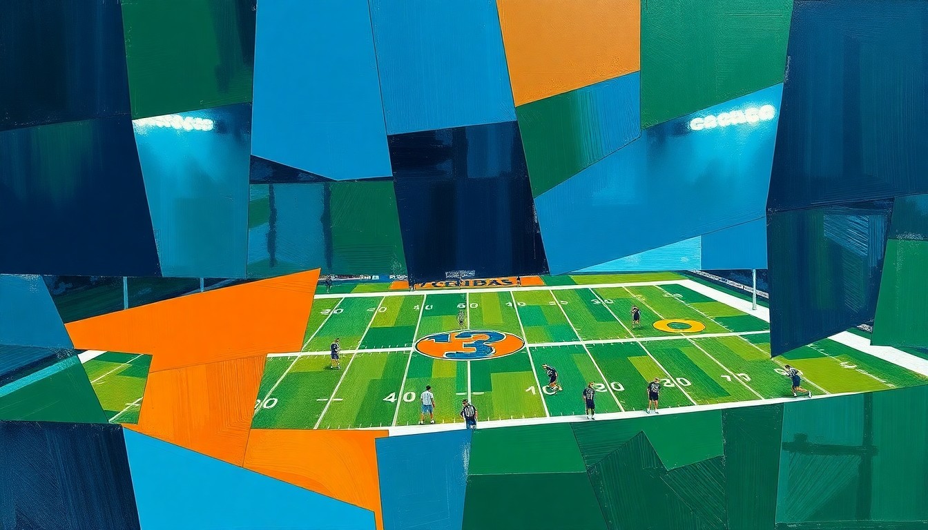 A fragmented, geometric painting in shades of blue, green, and orange, depicting the dynamic energy and multiple perspectives of an NFL draft event.