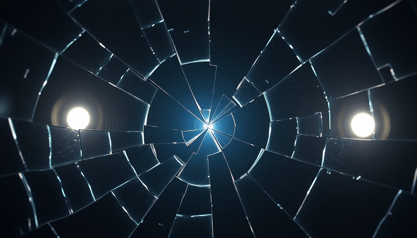 An abstract close-up photograph of shattered glass or cracked mirror reflecting a faint light, conveying a sense of fragility and tension.