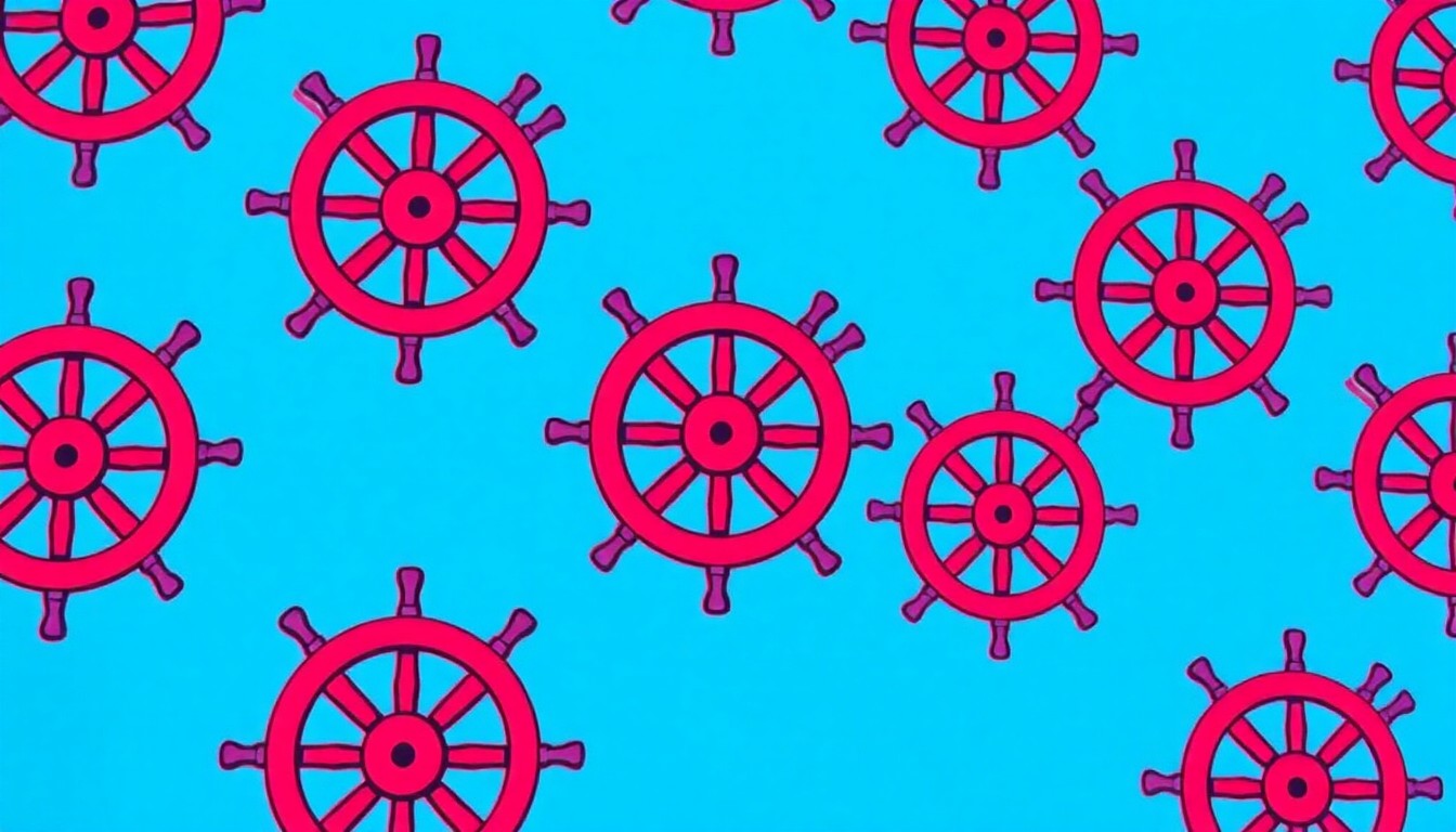 A bold, abstract grid of a ship's wheel in neon pink, orange, and blue, conceptually representing the interactive Titanic exhibition's focus on recovered artifacts and immersive historical experiences.