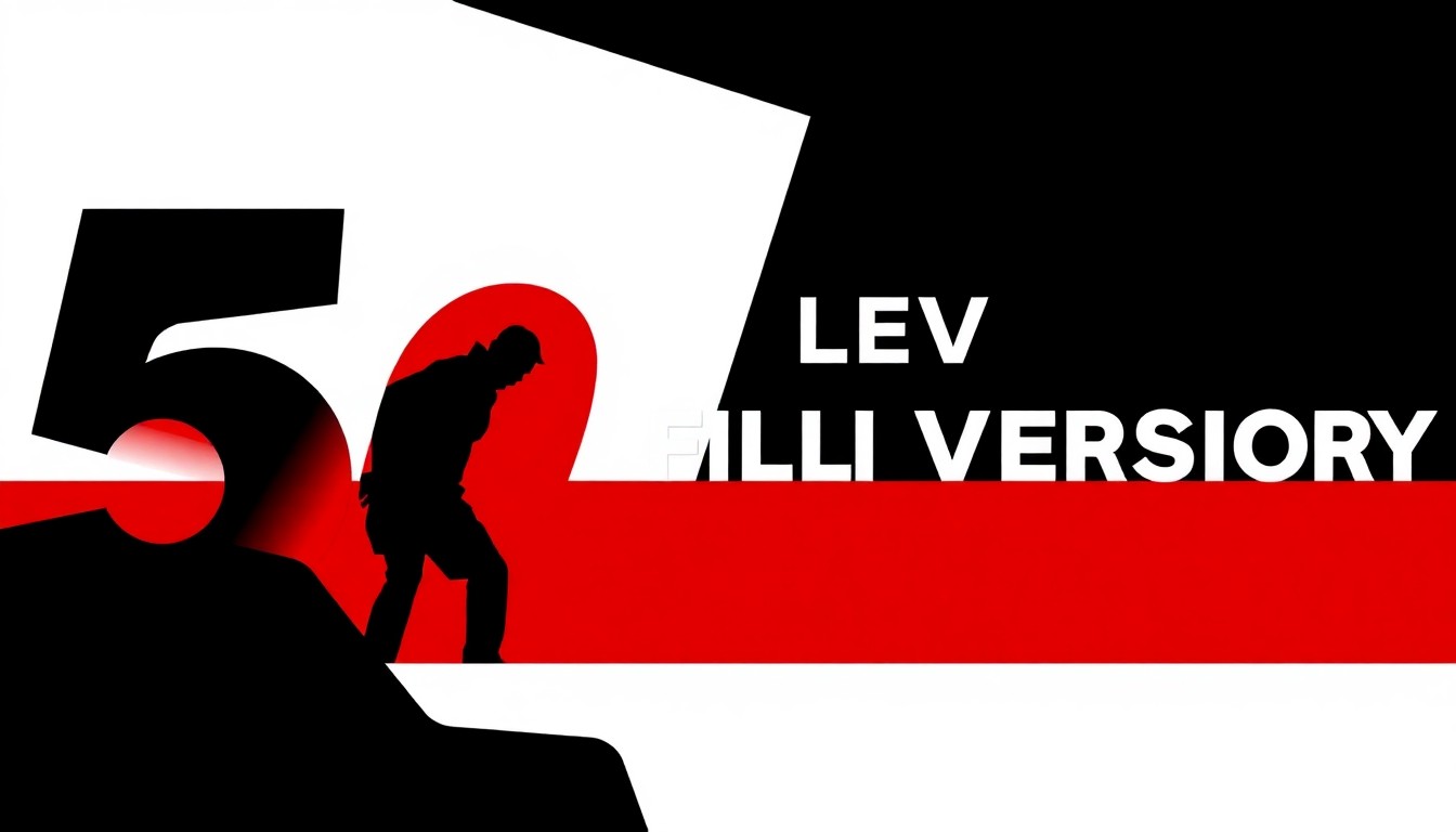 A minimalist, abstract illustration featuring bold, jagged geometric shapes in high-contrast red and white, conceptually representing the 50th anniversary of the Cleveland International Film Festival.