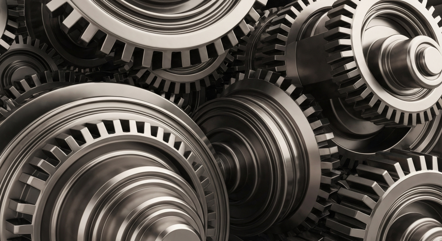 A highly detailed, cinematic close-up of heavy, industrial banking machinery and gears in shades of steel grey, bronze, and chrome, conceptually representing the financial security and stability of the energy industry.