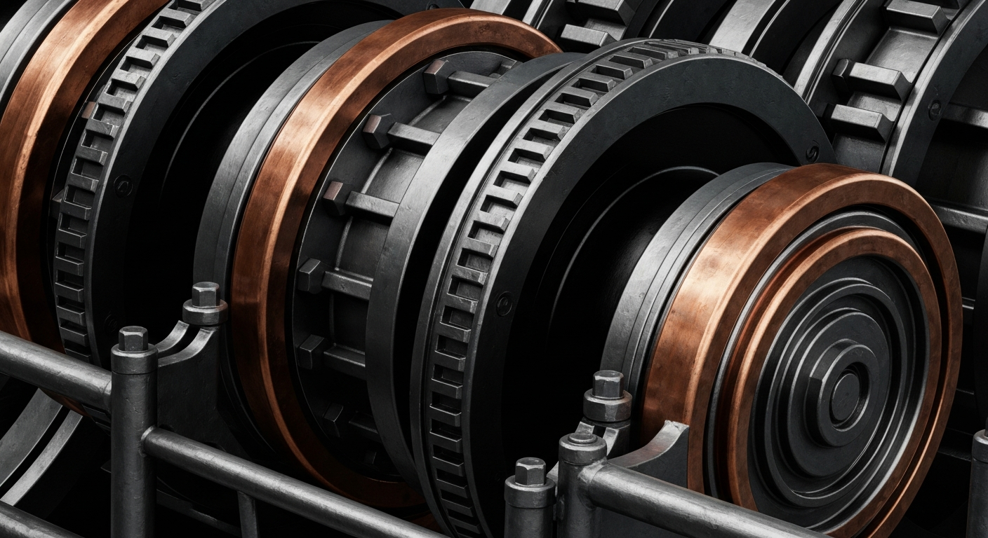 An extreme close-up of complex, industrial oil and gas machinery in shades of steel, copper, and black, conceptually representing the financial security and infrastructure of the energy industry.