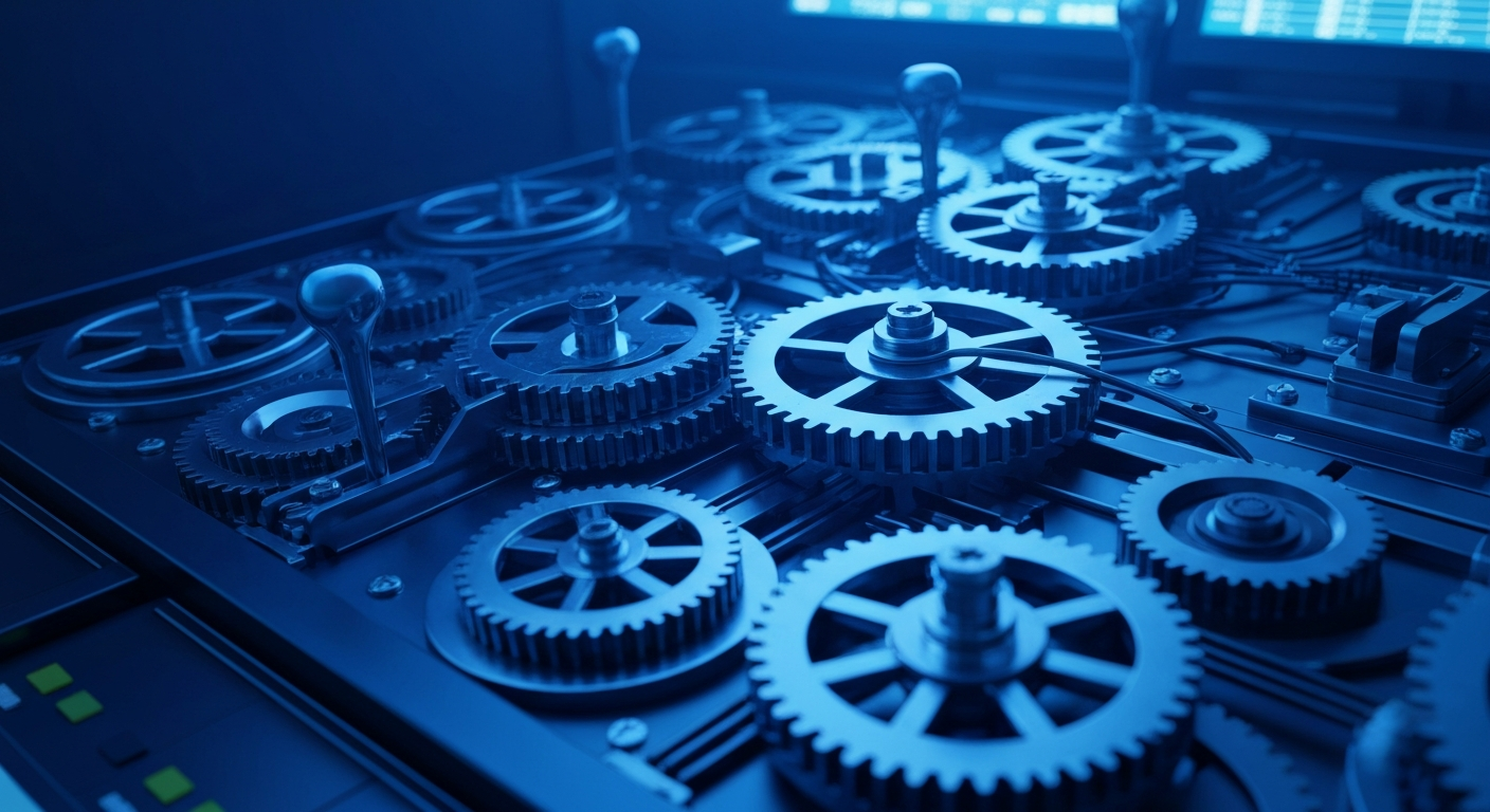 A high-contrast black and white close-up image of the inner workings of a financial trading terminal, conveying the complex and industrial nature of the capital markets.