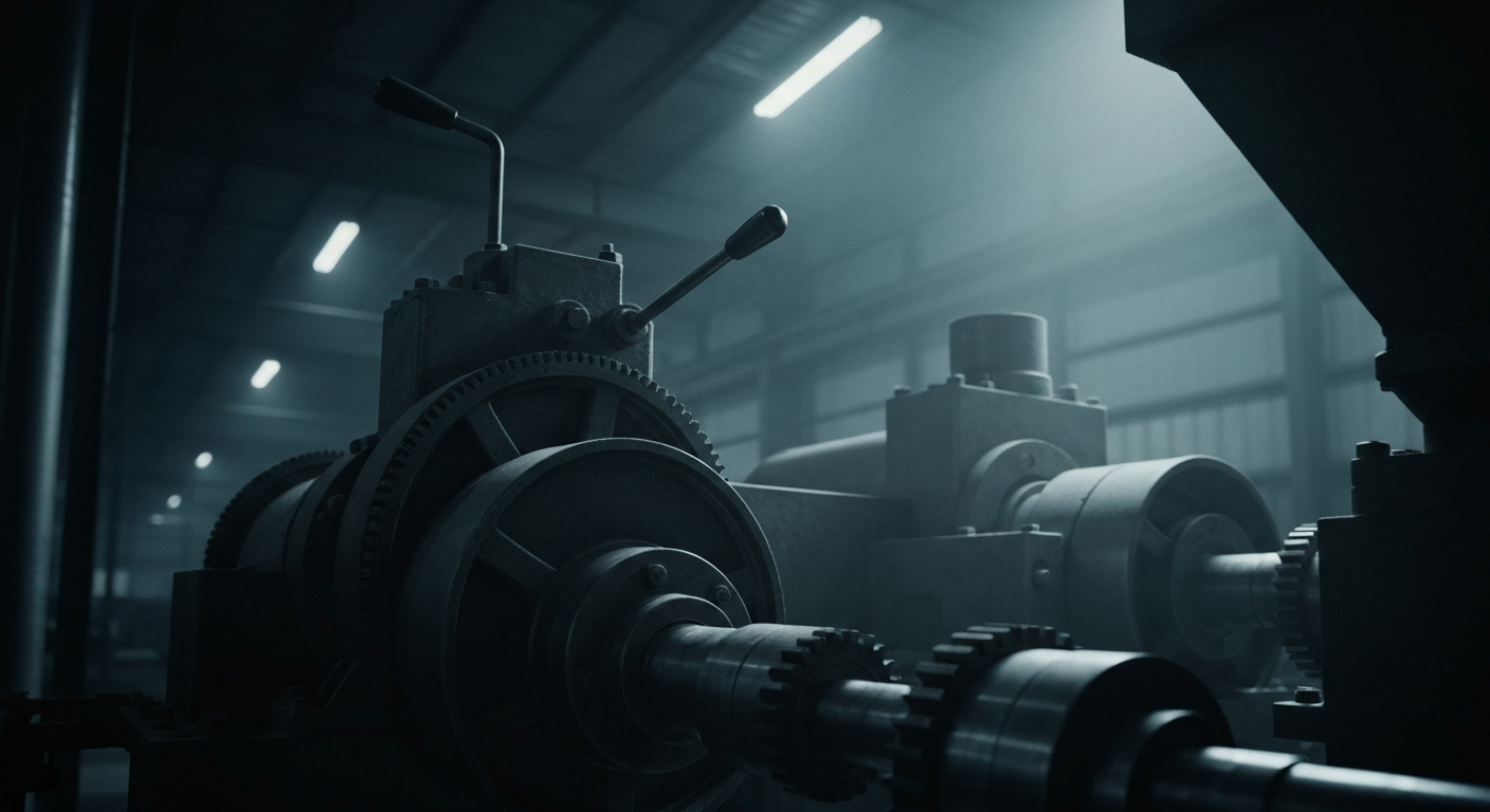 A highly detailed, cinematic close-up image of the heavy, industrial machinery and equipment used in the production of fertilizers, dramatically lit against a dark background to convey the scale and importance of this critical industrial sector.