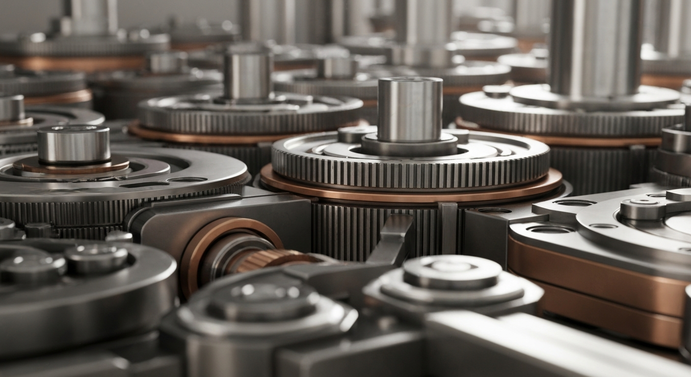 A cinematic close-up of complex, interlocking mechanical components in muted tones of steel, copper, and chrome, conceptually representing the inner workings and technological sophistication of a major pharmaceutical company's research and manufacturing operations.