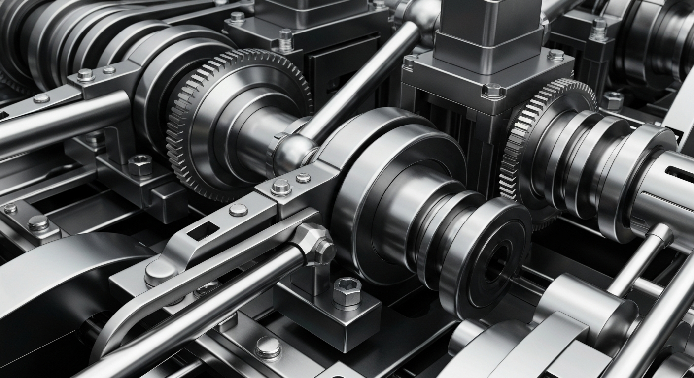 An extreme close-up of intricate, polished metal banking mechanisms and components, conveying the institutional power and security of the financial industry.