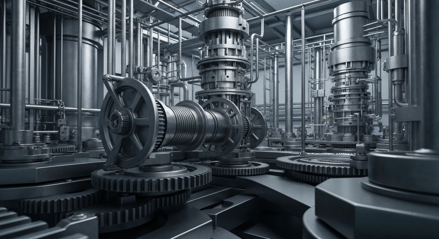 An extreme close-up of the inner workings of a high-tech pharmaceutical manufacturing facility, with a focus on the complex gears, pipes, and mechanical components that represent the technological and financial infrastructure supporting Gilead Sciences' drug development efforts.