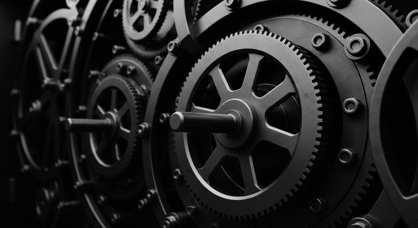 An extreme close-up of the gears, locks, and mechanisms of a heavy, industrial-style bank vault, rendered in high-contrast black and white photography to convey a sense of financial power and security.