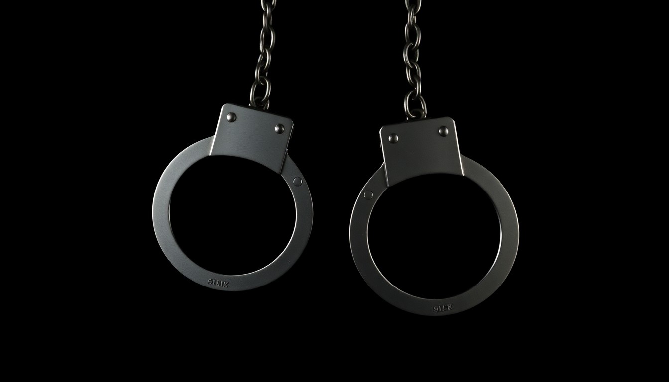 An extreme close-up of a pair of handcuffs against a stark black background, conveying the serious and investigative nature of the crime.