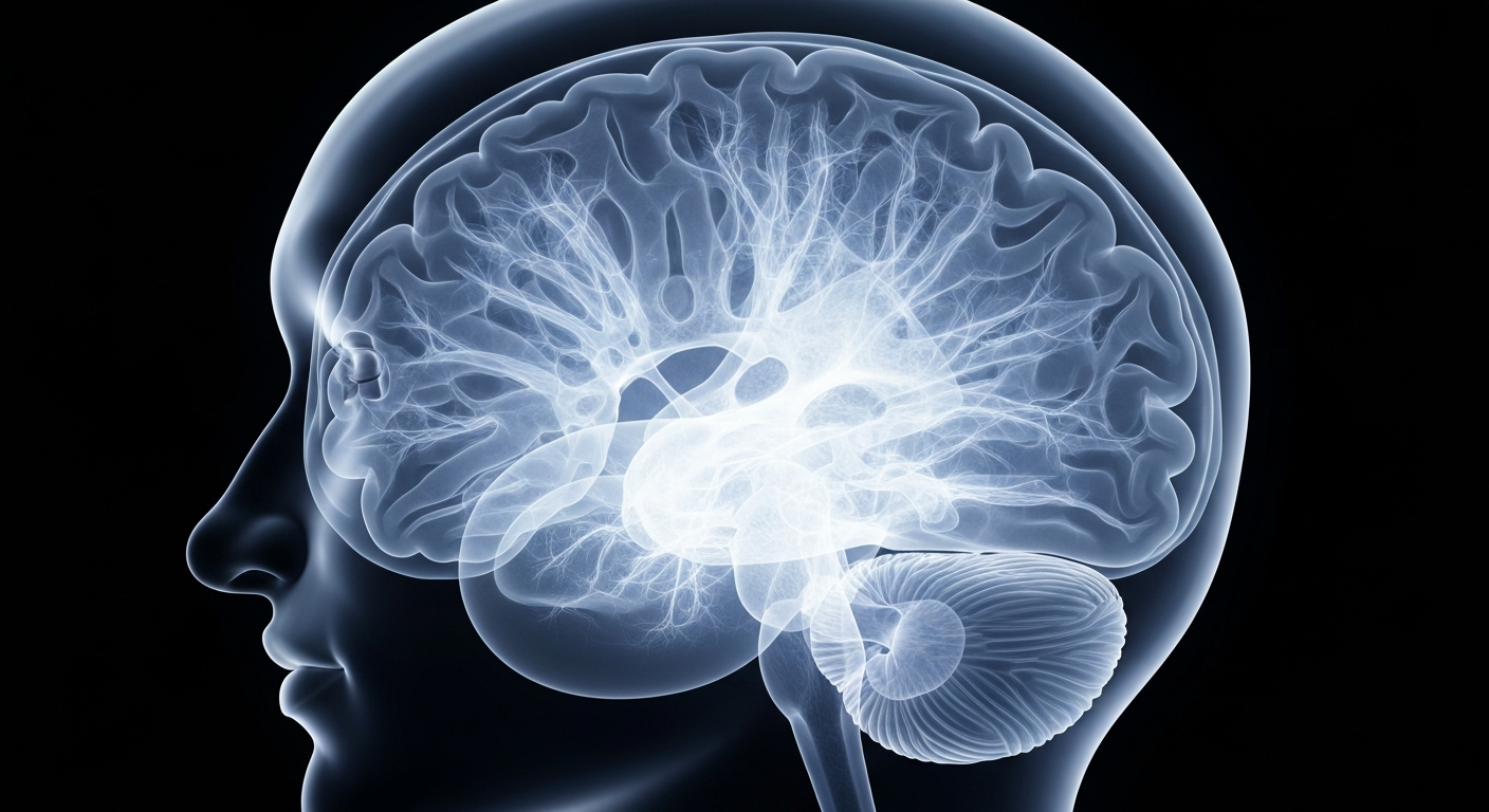 An extreme close-up X-ray photograph of a human brain, with glowing, ghostly lines revealing the intricate neural structures, conceptually illustrating the complexity and importance of mental health.